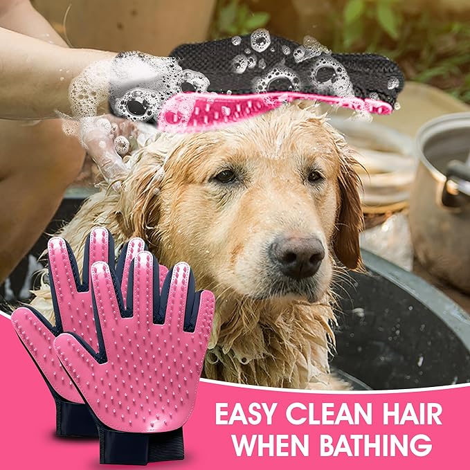 Upgrade Pet Grooming Gloves, Grooming Gloves for Dogs, Cats, Rabbits & Horses with Long and Short Hair, Efficient Pets Hair Remover Mittens - 1 Pair (Pink)