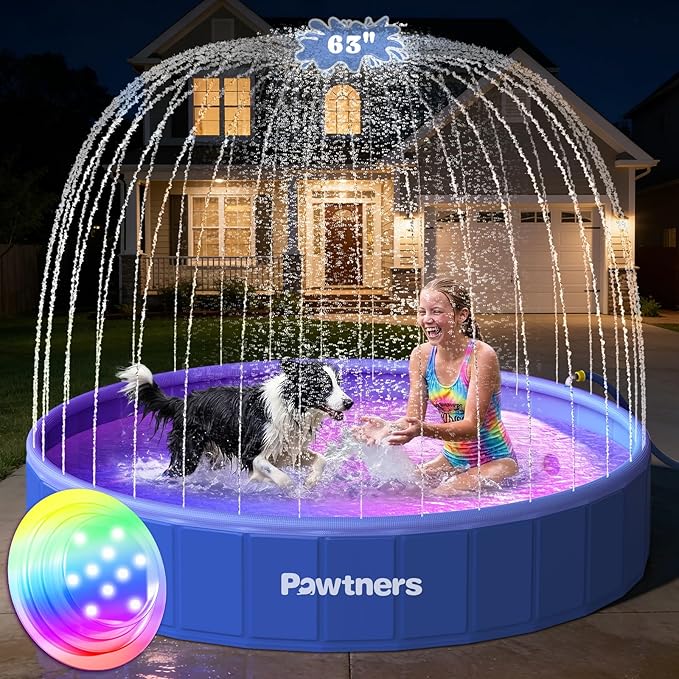 Pawtners 63" Foldable Dog Pool with Sprinkler & RGB LED Light, Collapsible Hard Plastic Swimming Pool for Small Large Dogs Cats and Kids, Portable Pet Bathing Tub Wading Pool for Backyard Camping Blue