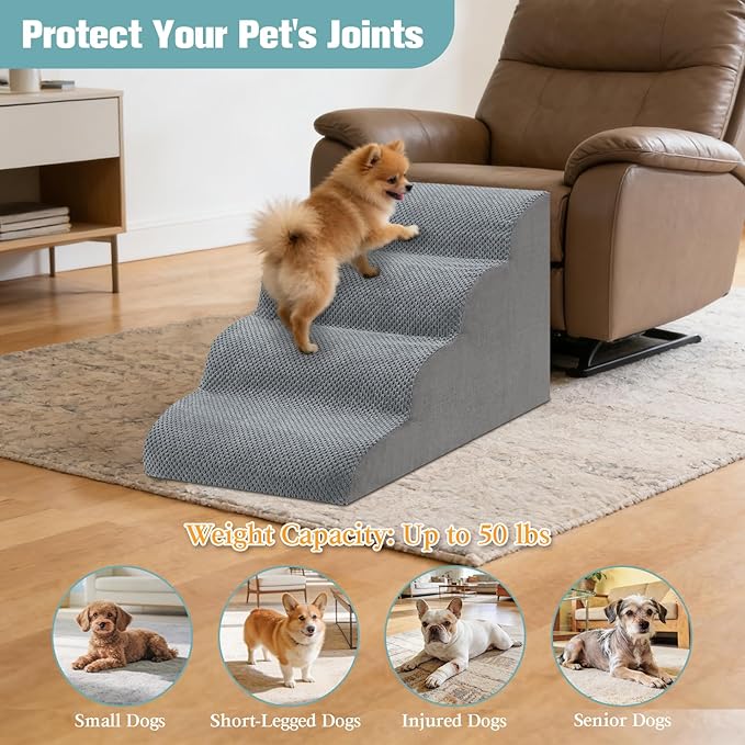 Dog Stairs for Small Dogs, 4-Step Dog Steps for Couch Sofa and Low-Profile & Platform Bed, High-Density Foam Pet Steps Ramp with Removable Washable Cover for Older Injured Dogs Cats, 15.75" H, Grey