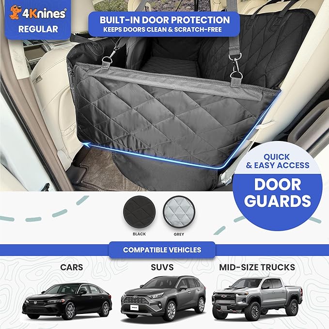 4Knines Back Seat Extender for Dogs, Hard Bottom Waterproof Backseat Protector with EZ Door Guard (Black, Regular)