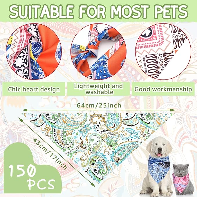 Huhumy 100 Pcs Paisley Dog Bandanas Bulk Pet Bibs Colorful Triangle Scarf Pet Paisley Bandanas for Medium Large Dogs Spring Summer Birthday Costume Decoration