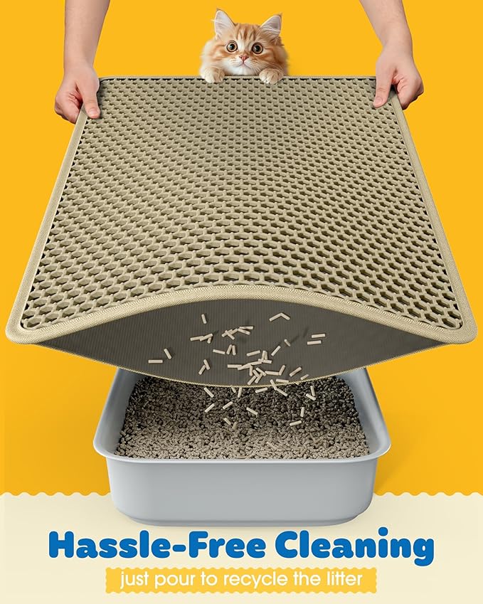Cat Litter Mat - 30'' x 24'' Large Litter Trapping Mat, Easy to Clean Litter Box Mat, Waterproof, Urine-Proof, Non-Slip, Cat Toilet Training Systems Accessories, Beige