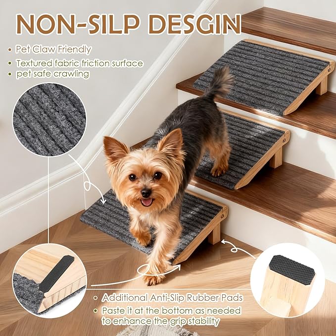 2-Pack Foldable Dog Ramp for Stairs – Lightweight Safe Wooden Pet Steps with Low-Angled Design & Anti-Slip Carpet Surface, Portable Dog Stairs to Assist Elderly/Injured Small Medium Large Dogs