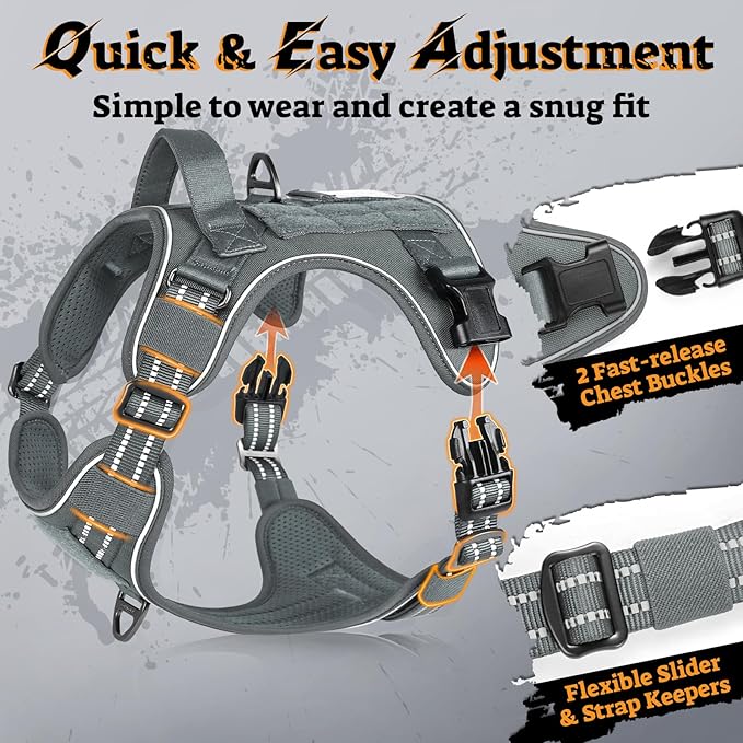 rabbitgoo Tactical Dog Harness for Large Dogs No Pull Adjustable Military Vest with Handle MOLLE Reflective Heavy Duty Dog Vest for Walking Training Hunting Outdoor Working Medium Size Dog Grey XL