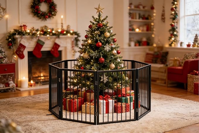 Vantas Folding No-Assembly Metal Pet Gate 160" Wide, 32" Extra Tall Dog Gate with Door Walk Through, Freestanding Accordion Puppy Gate Dog Door for Indoor & Outdoor, with 4PCS Support - Black