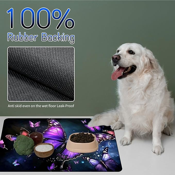 Dog Food Mat, 15.7" x 23.6" Absorbent Pet Feeding Mat for Food and Water, Waterproof Diatom Mud Pet Placemat with Non-Slip Rubber Backing, Cat Bowl Mat for Floors - Purple Butterfly 1