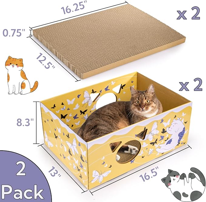 Tlence 2 Pack Cardboard Cat Scratcher Box, Butterfly Pattern Cat Hideaway House with Double-Sided Scratch Pads, 16.5 Inch Heavy Duty Large Cat Bed Lounger for Indoor Cats