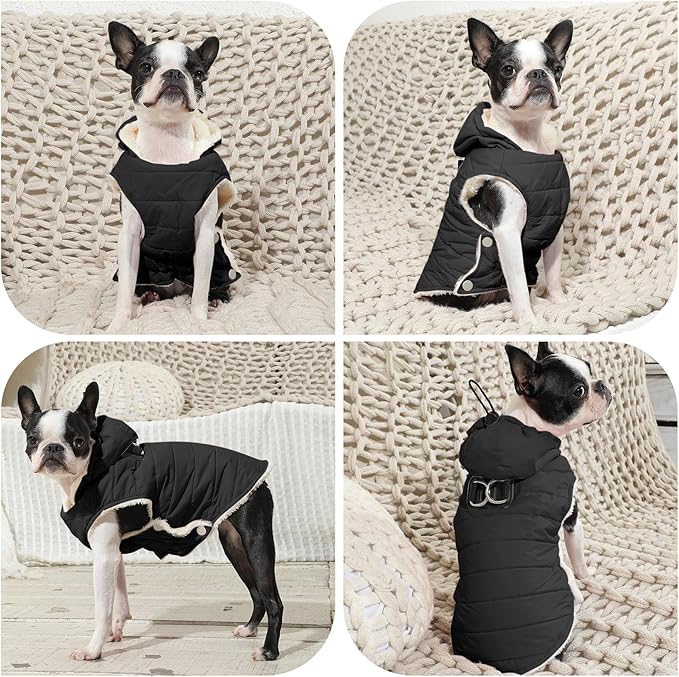Vecomfy Fleece Lining Dog Hoodie with Harness Built in,Extra Warm Medium Dog Jacket in Winter Doggie Coats with Drawstring Hooded,Black L