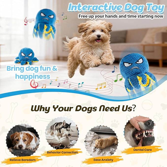 Interactive Dog Toys Octopus - Moving Dog Toys to Keep Them Busy, Rechargeable Automatic Music Bouncing Ball with 4 Play Modes, Squeaky Crinkle Plush Chew Toy for Small Medium Large Dogs