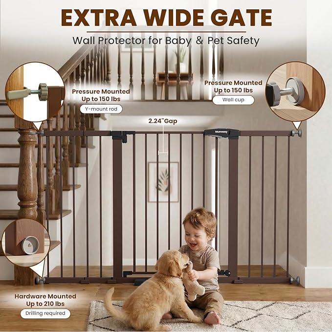 Mumeasy 29.7-57" Extra Wide Baby Gate, Auto Close Large Dog Gate for Doorways, No Drilling Pressure Mounted Pet Safety Gate for Stairs, Easy Walk Through Child Gate for Hallways, House, Indoor, Brown