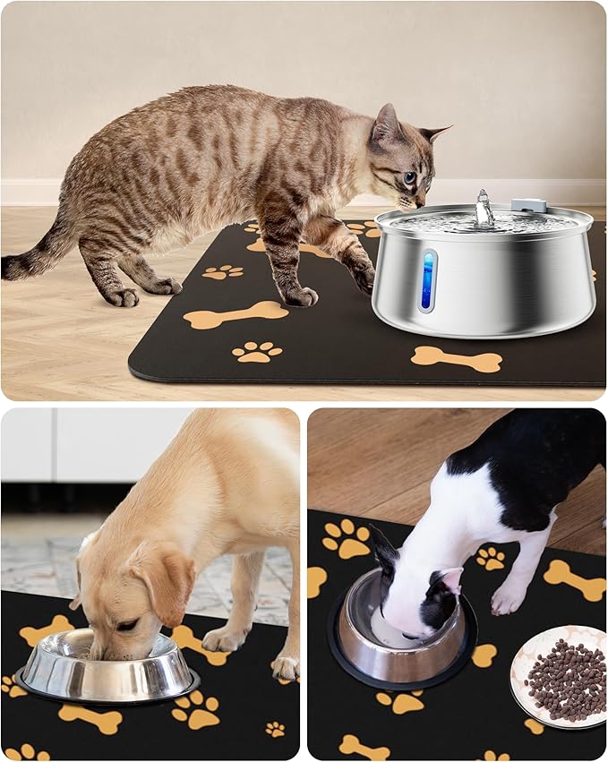 PEISAINOX Cat Dog Food Mat, Rapid Water Absorption Dog Mat for Food and Water,100% Waterproof Cat Dog Bowl Mat,16"x24"-Black
