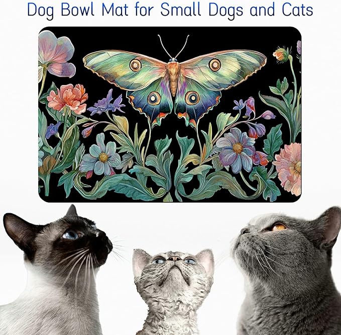 Dog Food Mat, 15.7" x 23.6" Absorbent Pet Feeding Mat for Food and Water, Waterproof Diatom Mud Pet Placemat with Non-Slip Rubber Backing, Cat Bowl Mat for Floors - Green Butterfly Leaf