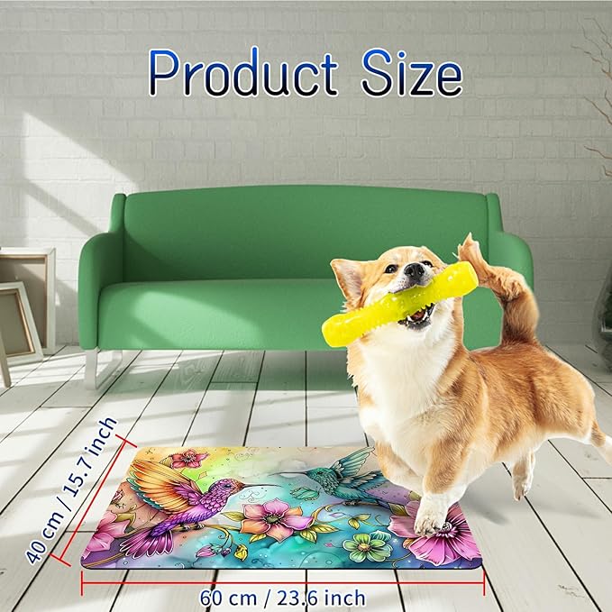 Dog Food Mat, 15.7" x 23.6" Absorbent Pet Feeding Mat for Food and Water, Waterproof Diatom Mud Pet Placemat with Non-Slip Rubber Backing, Cat Bowl Mat for Floors - Hummingbird Flower 2
