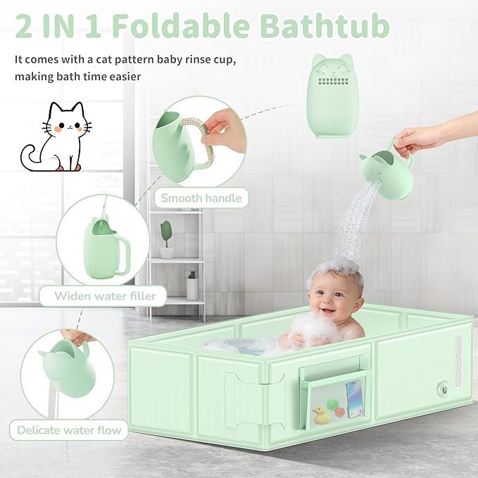 YomauiYee Baby Bathtub Green, Converts Shower to Tub, Foldable Toddler Tub with Rinse Cup, No Assembly Easy to Clean, Portable Collapsible Bath Tub for 6M-5Y, Travel Camping Hotel