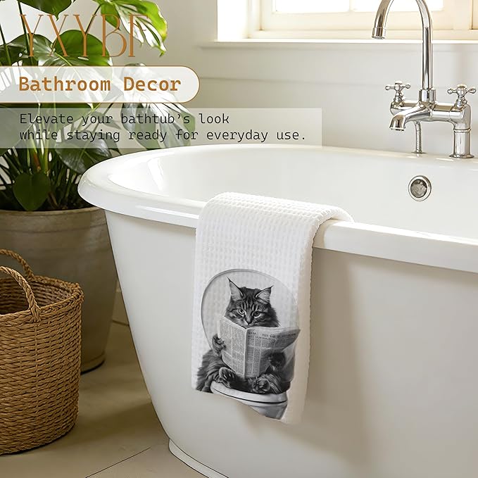 Funny Tabby Cat Hand Towels for Bathroom Washroom Decor 16x24 Inches, Cat Lover Gifts for Women Men, Black and White Newspaper Kitten Bathroom Towels Decorative