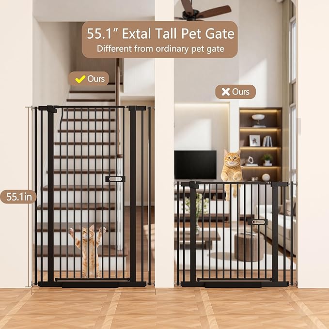 Cat Gate for Doorways, 55.1" Extra Tall Dog Gate Indoor for Stairs/Hallways/Kitchen, 34-38.1" Wide Include 4.13" Extension Kits, No Drilling Auto Close High Pressure Mounted, Black