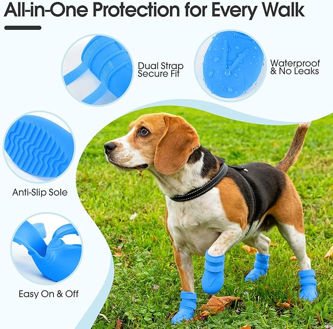Dog Rain Boots Waterproof, 4PCS Dogs Shoes Non Slip Dog Boots & Paw Protectors, Easy On Rubber Doggie Booties Pet Shoes for Hot Pavement Snow Rain, Dog Rainboots for Small Medium Large Dogs, Blue L