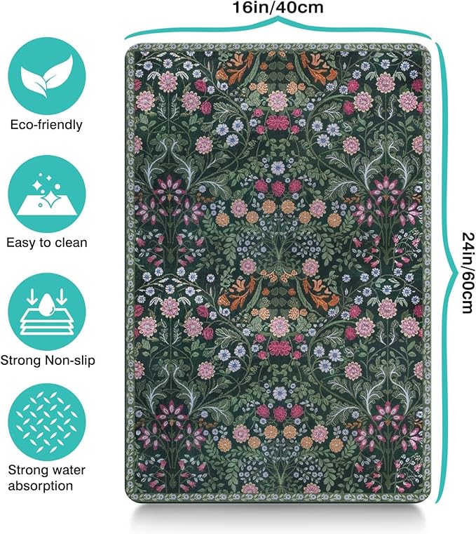 Floral Dog Food & Water Mat, Boho Vintage Pet Feeding Mat for Floor Non-Slip Waterproof, Super Absorbent Cat Bowl Mat, Easy to Clean Durable Pet Placemat,16" × 24"