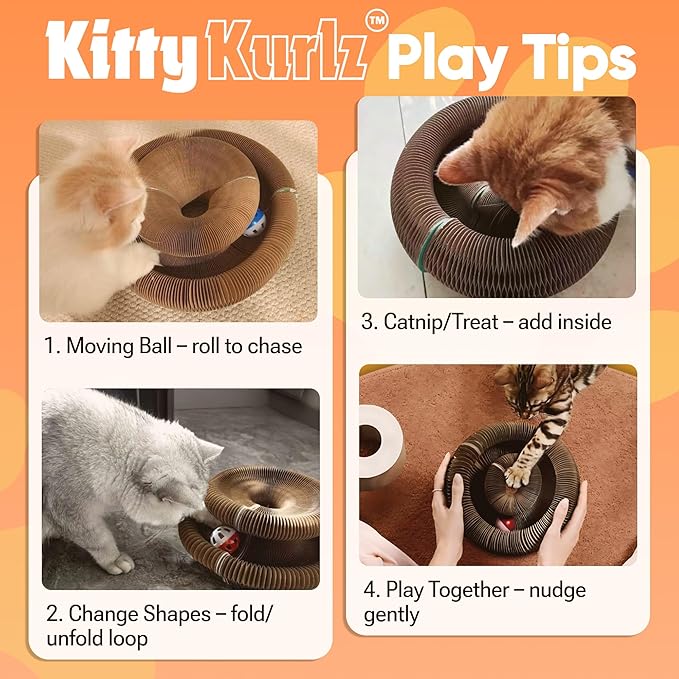KITTY KURLZ Interactive Cat Toy with Rolling Ball, Shape-Shifting Cardboard Scratcher & Collapsible Scratch Pad Ring for Indoor Cats, Play, Lounge & Enrichment
