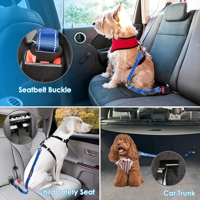 URPOWER 3-in-1 Dog Seat Belt for Car, 2 Pack Adjustable Bungee Dog Car Harness with Seatbelt Buckle & Latch Hook, Reflective & 360° Swivel Heavy Duty Pet Safety Belts for Dogs and Cats