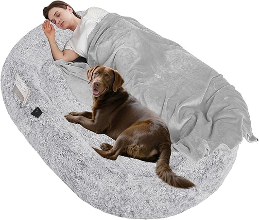 Human Dog Bed Fits Adult & Pets, Reversible Orthopedic Gel Memory Foam Cushion, Washable Long Plush, Plump Edge with Blanket, Storage Pocket, 71"x47.2"x9", Extra Large, Ombre Grey