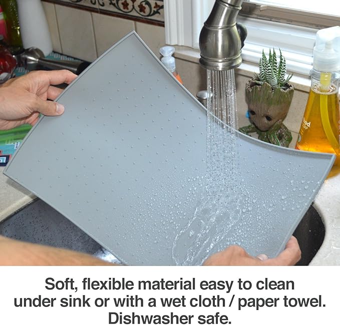 PetFusion Large Waterproof Pet Food Mat (24x16). FDA Grade Silicone [Superior Hygiene, Non-Toxic, Multiple Sizes] for Dogs or Cats, Gray (Pack of 2)