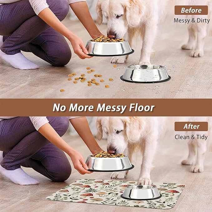Red Mushroom Pet Feeding Mat,Fern Herb Berries Absorbent Quick-Dry Cat Dog Food and Water Bowl Mats,Non-Slip Rubber Backing Mat,Cat Dog Accessories Supplies 12"x20"
