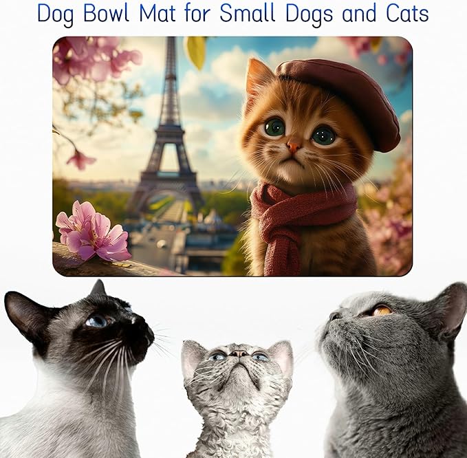 Dog Food Mat, 15.7" x 23.6" Absorbent Pet Feeding Mat for Food and Water, Waterproof Diatom Mud Pet Placemat with Non-Slip Rubber Backing, Cat Bowl Mat for Floors - Pink Flower Kitten