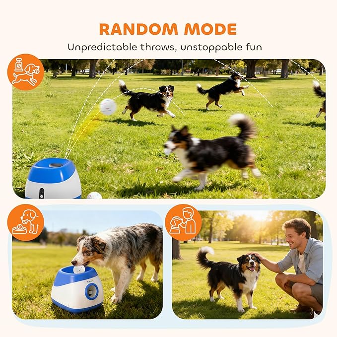 PawHut Automatic Dog Ball Launcher, Rechargeable Dog Ball Thrower with Remote Control, 3 Adjustable Distance (39ft/59ft/78ft), 6 ETPU Tennis Fetch Toys 2.5", for Medium Large Breeds, Blue