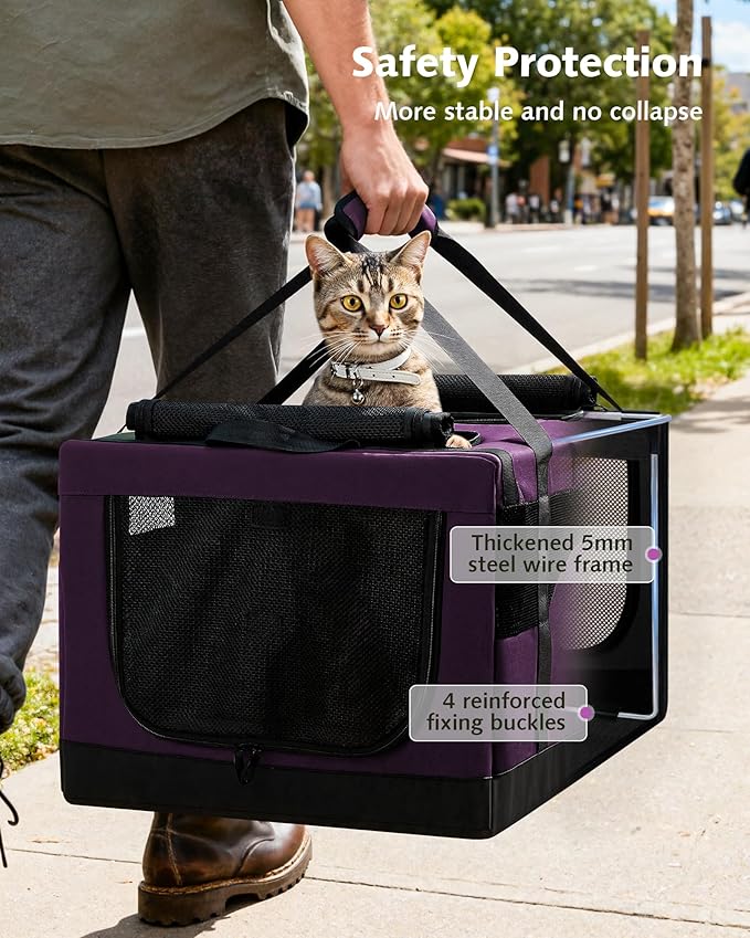Pecute Dual Compartment Pet Carrier for Multi-Cat Families & Small Dog Owners, Collapsible Dog Crate with Reinforced Steel Frame, Car Safety Design for Travel, Vet Visits & Home Use, Purple