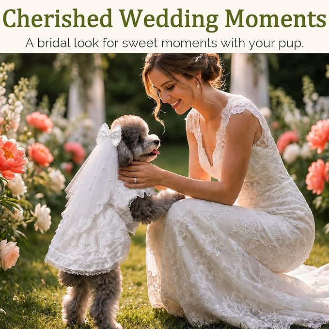Dog Wedding Dress with Veil, Princess Lace Dog Dress with Bow, Fluffy Bridal Outfit for Small Dogs, Puppy Formal Dress for Wedding Birthday Photoshoot (L)
