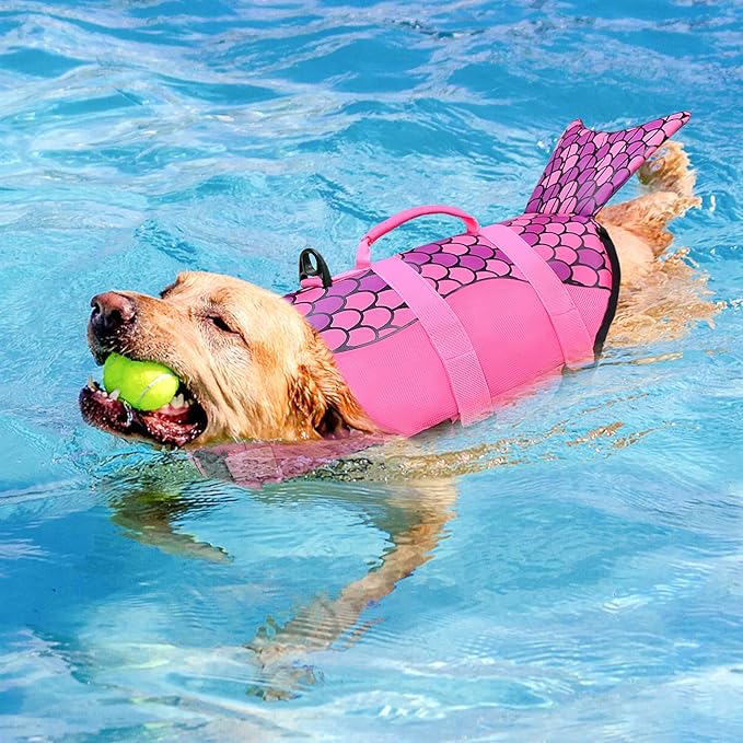 Malier Dog Life Jacket, Ripstop Dog Life Vest with High Buoyancy for Swimming Boating, High Visibility Shark Puupy Lifesaver for Small Medium Large Dogs (Pink #1, XX-Large)