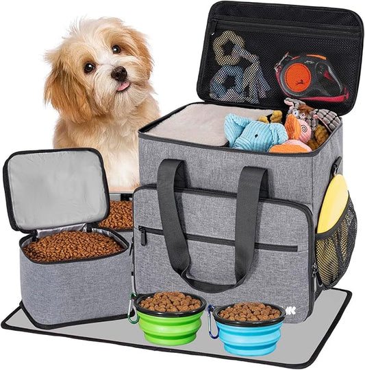5 Set Dog Travel Bag for Supplies, Dog Lovers, Large Pet Travel Kit Includes 2 Food Containers&2 Collapsible Bowls、Placemats,Grey