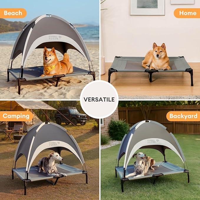 FUNNY FUZZY Elevated Dog Bed with Canopy,Grey, X-Large(48"x36"x9")–Outdoor Pet Cot with UV Protection, Breathable Mesh for Cooling, Indoor & Outdoor Use for Dogs up to 120 lbs