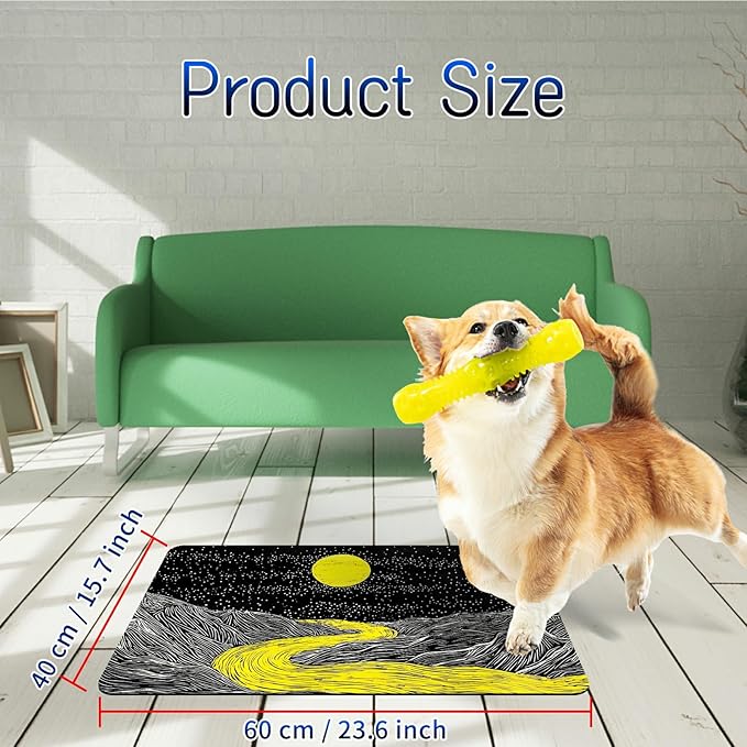 Dog Food Mat, 15.7" x 23.6" Absorbent Pet Feeding Mat for Food and Water, Waterproof Diatom Mud Pet Placemat with Non-Slip Rubber Backing, Cat Bowl Mat for Floors - Creek Yellow Moon