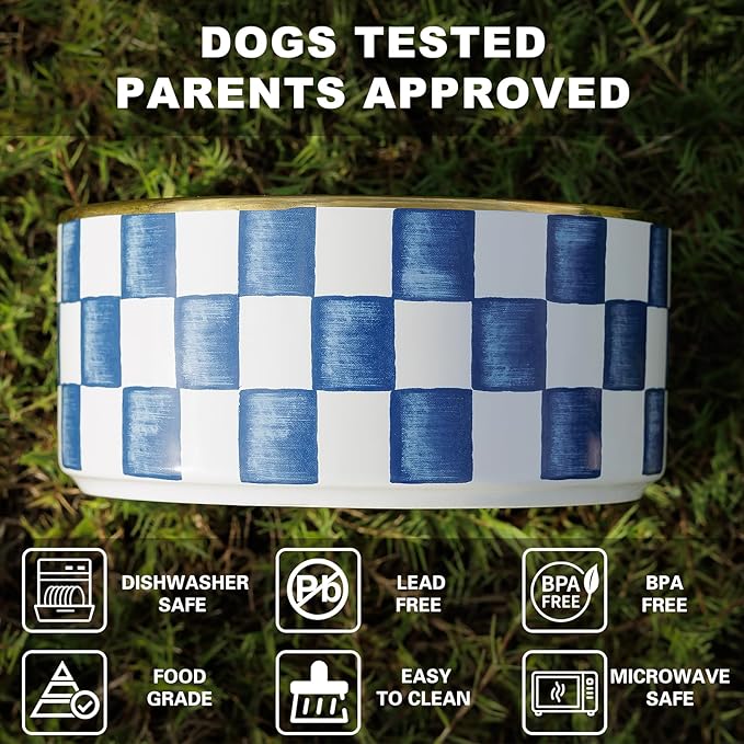 Ceramic Dog Bowls for Medium Dogs, 3.5 Cups Checkered Dog Food and Water Bowl with Acacia Wood Stand, Non-Slip Anti-Tip Elevated Feeding Station, Blue and White