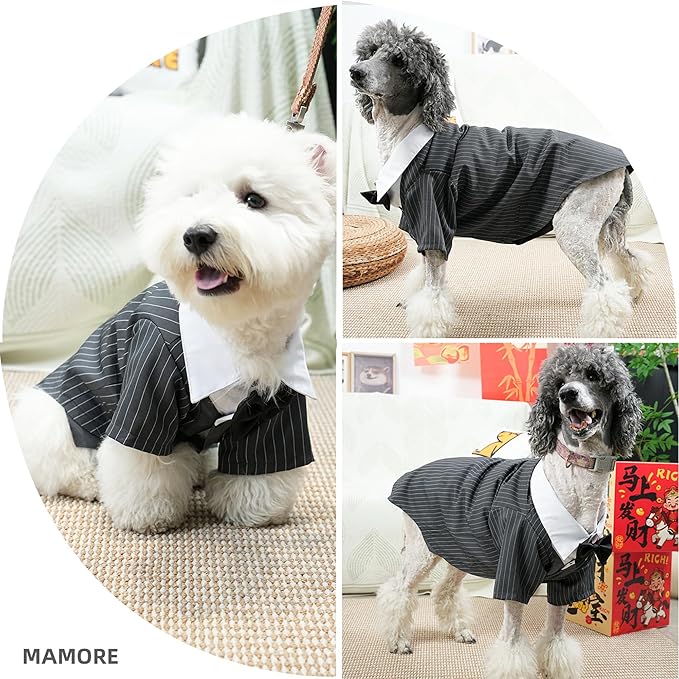 Dog Tuxedo Wedding Suit Shirt with Bow Tie, Formal Outfit Tux Attire for Puppy Small Medium Dogs Cats Costume (Pinstripe Gray, Large)
