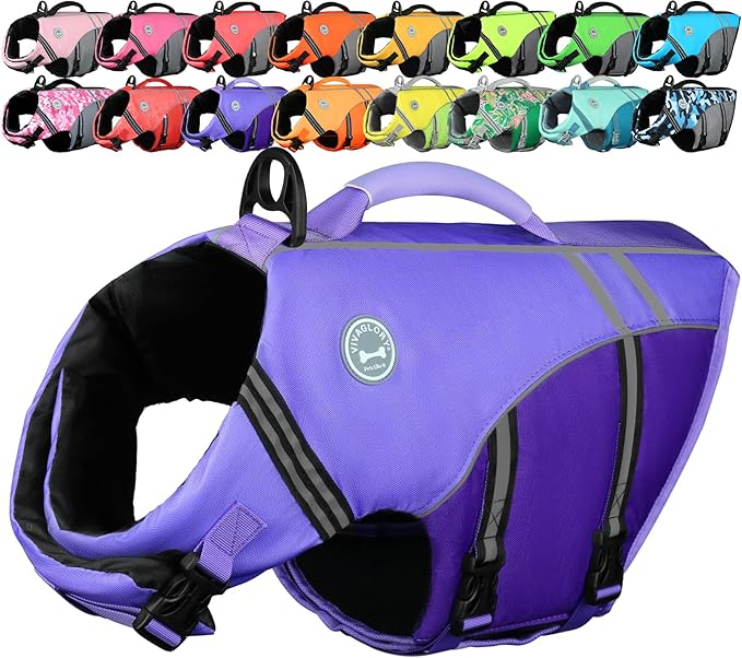 VIVAGLORY Sports Style Dog Life Vest, Dog Life Jacket for Swimming & Boating, Ripstop & Buoyancy for Puppy Doggy, Lifejacket with Handle, L, Purple