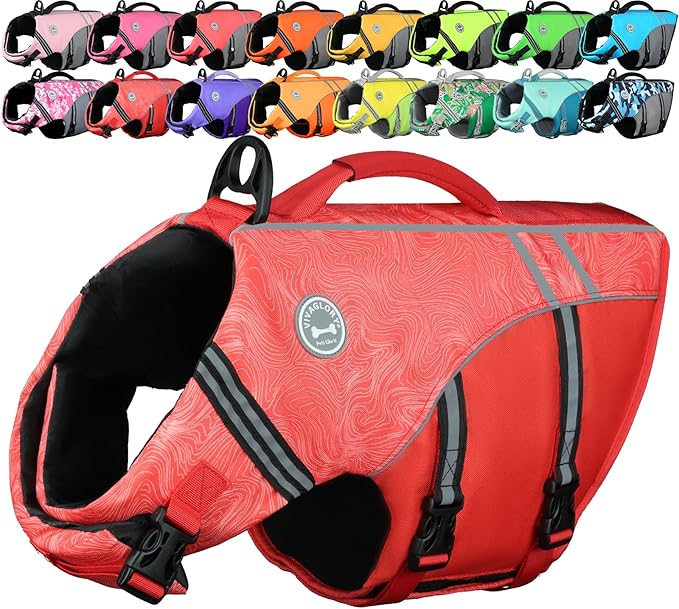 VIVAGLORY Sports Style Dog Life Vest, Dog Life Jacket for Swimming & Boating, Ripstop & Buoyancy for Puppy Doggy, Lifejacket with Handle, L, Red