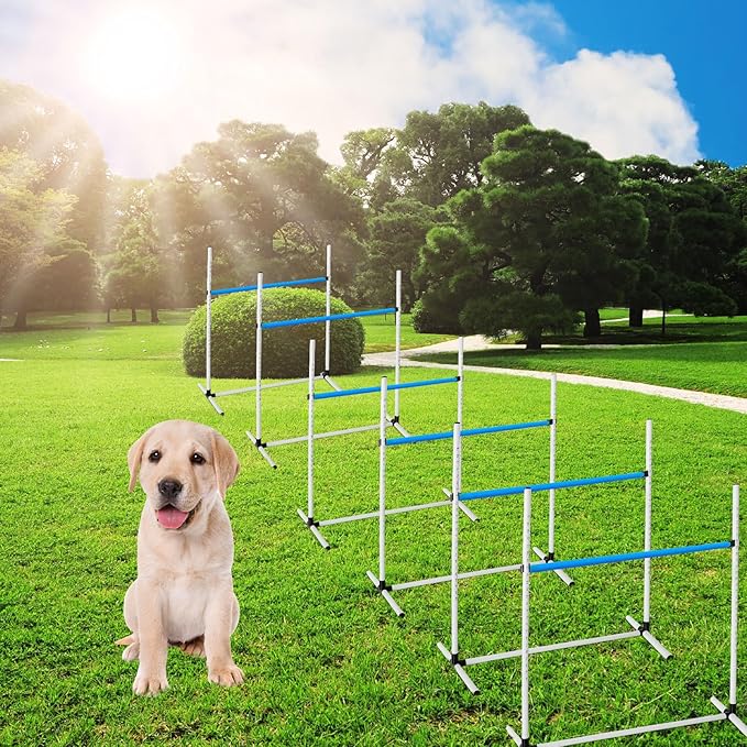 Halloscume 6 Pcs Dog Agility Training Equipments Dog Agility Jumps Hurdles Adjustable Jumps Hurdles Pet Jump Bars with Bag and Whistle for Indoor Outdoor Dogs Pet Jump Course Game(Blue and White)