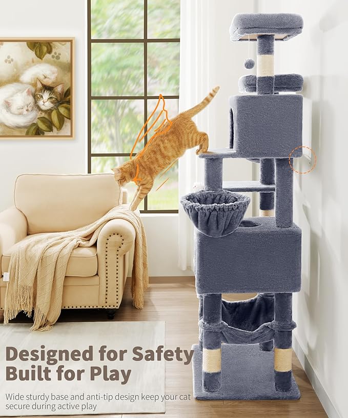 AMHANCIBLE 70 Inch Cat Tree for Large Cats, Multi-Level Cat Tower Condo with 2 Houses & Hammock for Indoor Cats, Tall Heavy Duty Kitty Playhouse, Grey, PT18GY
