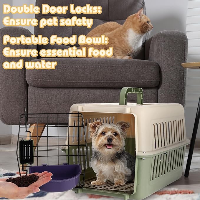2 Set Hard Plastic Pet Carrier Breathable Dog Cat Kennel with Metal Door Bowl Grille Mat Pet up to 14 Lbs Carrier for Walking Camping Vet Visits Travel, 17.3"L x 11.8"W x 10.6"H(Green White)