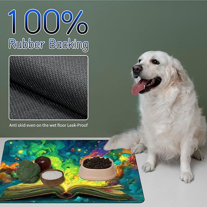 Dog Food Mat, 19.6" x 23.6" Absorbent Pet Feeding Mat for Food and Water, Waterproof Diatom Mud Pet Placemat with Non-Slip Rubber Backing, Easy Clean Cat Bowl Mat for Floors - Colorful Book