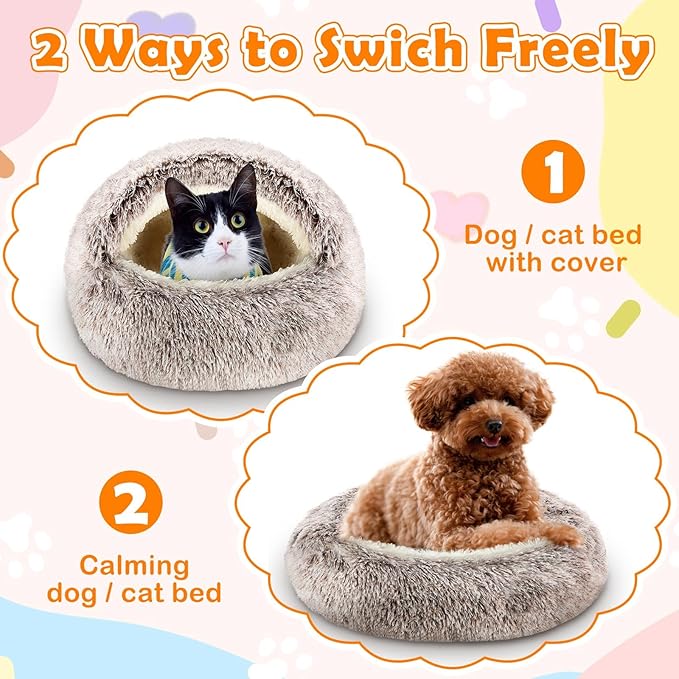 Cinnvoice 2 Pcs Self Warming Cat Beds with Hood, Self Heating Dog Cave Bed, Fluffy Round Covered Pet Pad, Plush Hooded Pet Beds with Non-Slip Bottom for Indoor Cat or Small Middle Dog(Coffee,20 in)