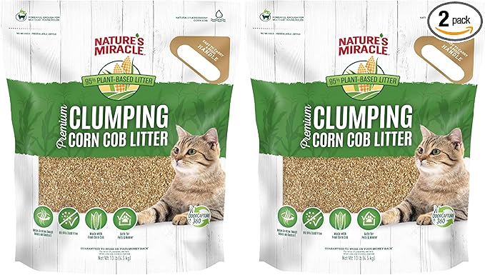 Nature’s Miracle Premium Clumping Corn Cob Litter, 10 Pounds, Made with Real Corn Cob for Fast-Clumping Litter for Multi-Cat Households (Pack of 2)