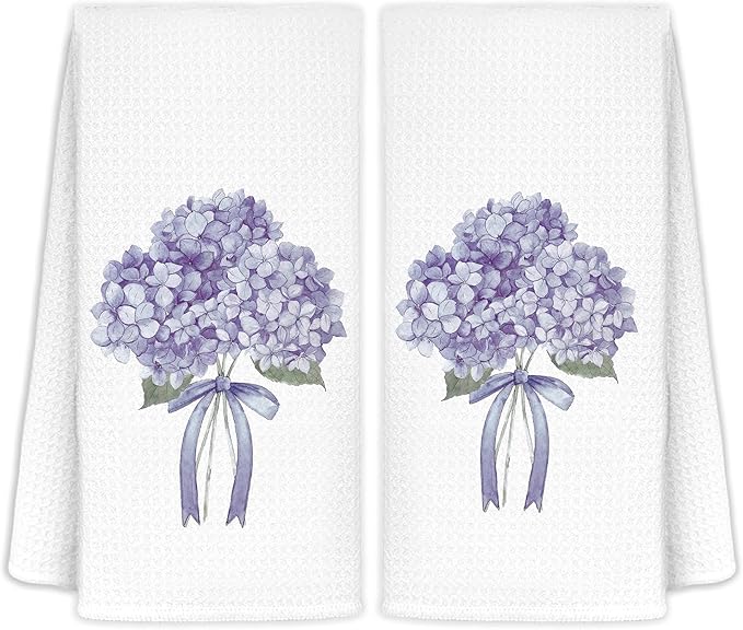 Coquette Purple Hydrangea Floral Hand Towels for Bathroom Spa Gym, Preppy Aesthetic Floral Kitchen Towels, Rustic Hydrangea Flower Dish Tea Towels for Kitchen Decor, 16x24 Inch Set of 2