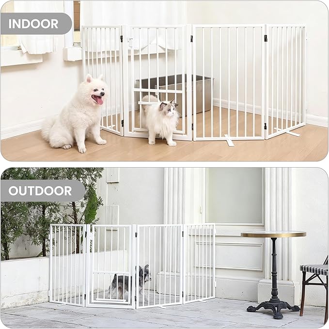 Metal Freestanding Dog Gate with Cat Door for Outdoor & Indoor,34" Tall Foldable Pet Fence,120" Extra Wide Free Standing Dog Gate for RV Camping,Stairs,Hallways,Doorways,Deck,Yard (6 Panels,White)