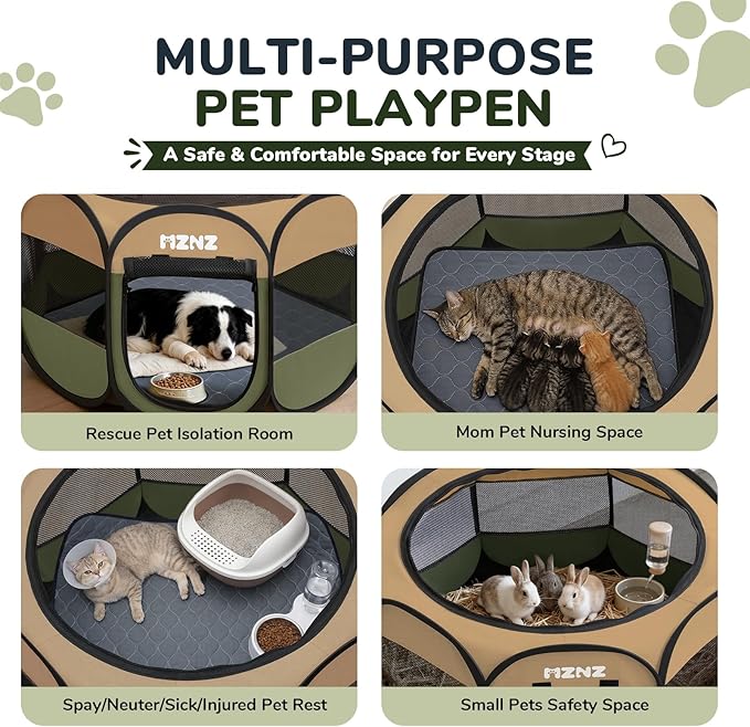 Dog Playpen with Pee Pad, Portable Puppy Pet Crate Indoors for Small/Medium/Large Dogs Cats Rabbits, Foldable Dog Cage Enclosure Outdoor, Pop Up Dogs Tent Kennel with Carrying Case, Olive Green
