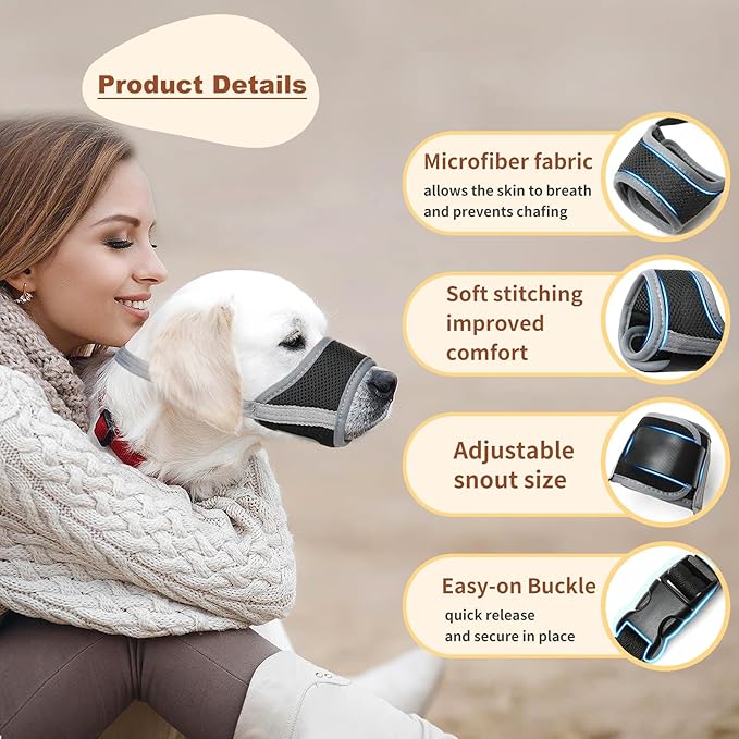 HEELE Dog Muzzle,Soft Nylon Muzzle Anti Biting Barking Chewing,Air Mesh Breathable Drinkable Adjustable Loop Pets Muzzle for Small Medium Large Dogs 4 Colors 4 Sizes (Gray, XL)