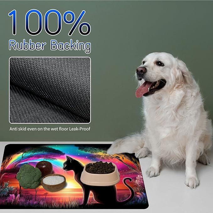 Dog Food Mat, 19.6" x 23.6" Absorbent Pet Feeding Mat for Food and Water, Waterproof Diatom Mud Pet Placemat with Non-Slip Rubber Backing, Cat Bowl Mat for Floors - Sunset Cat Back View